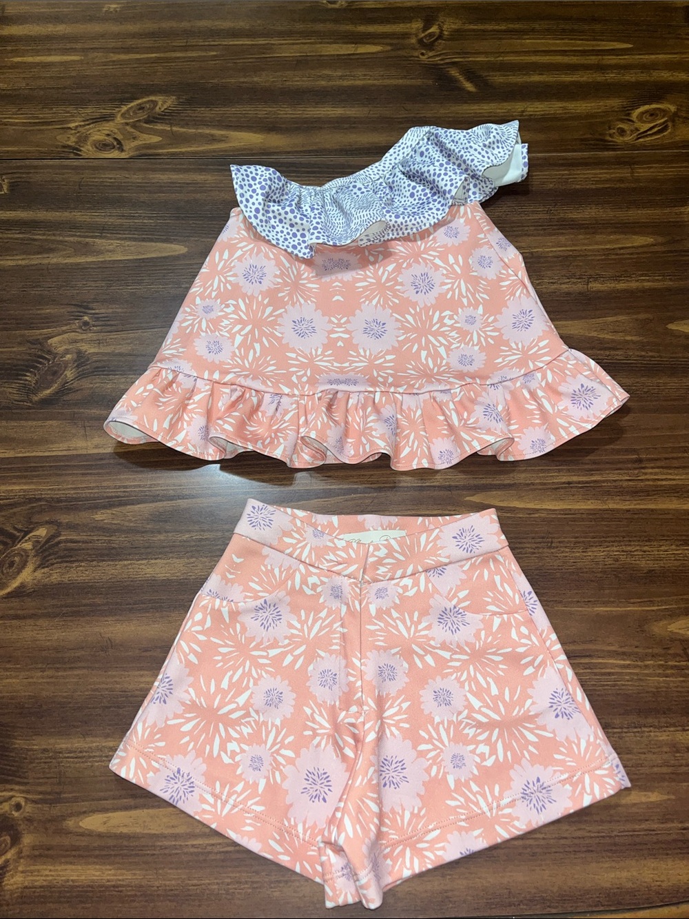 Mia De Dios Girls Peach Floral One Shoulder Top & Shorts Set